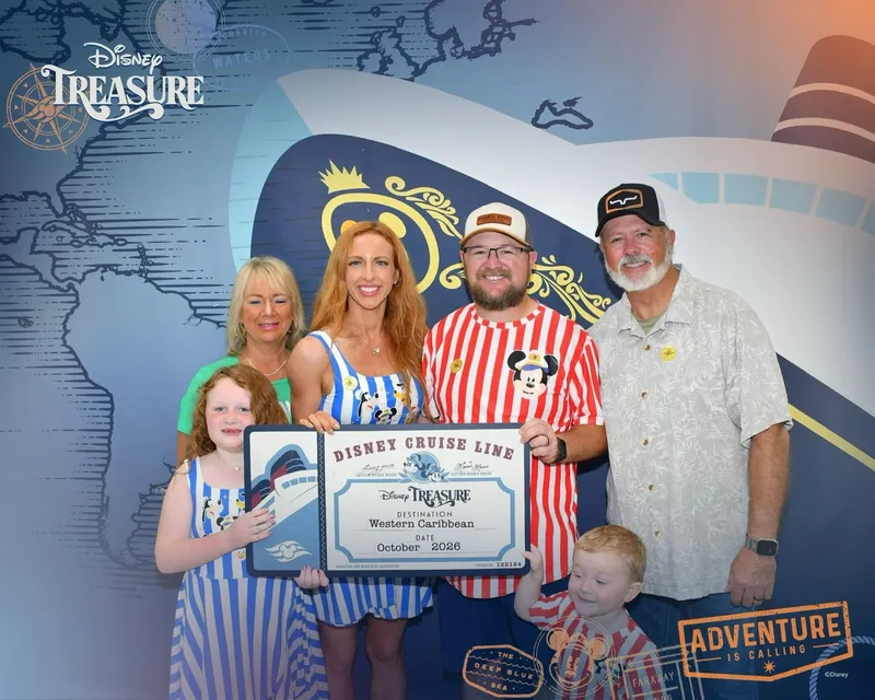 Ryan, Brittany, Kinsley, Kamden and Ryan's parents Brian and Angie posing for a Disney Cruise Line photo
