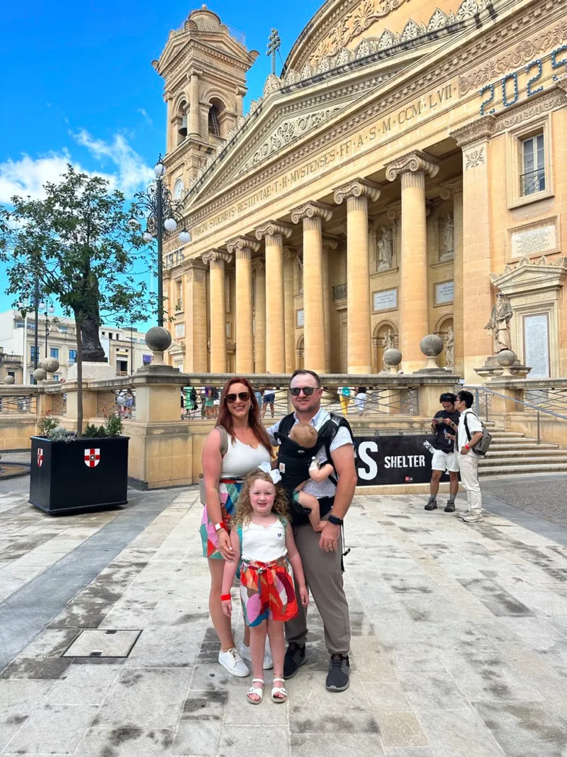 Ryan, Brittany, Kinsley and Kamden in front of the Mosta Rotunda church in Malta